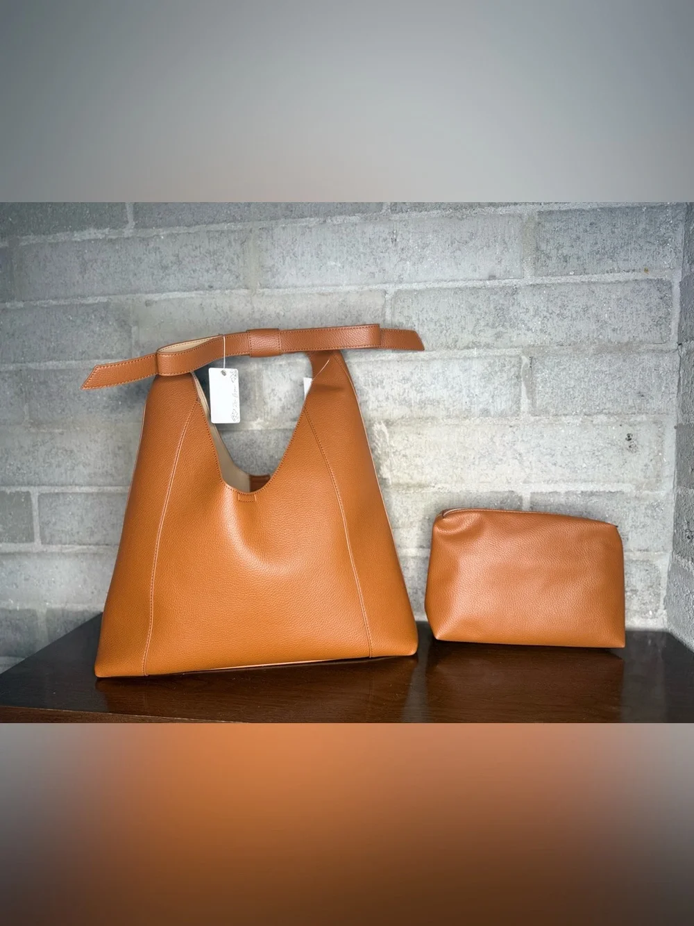 Zou Bijou Brown Pebbled Faux Leather Hobo Tote Bag w/ Zip Pouch NWT Purse